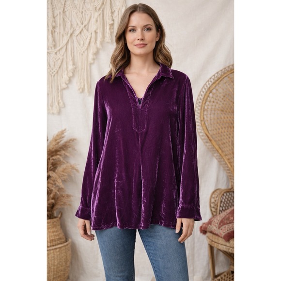 John Mark Purple Velvet Tunic Blouse Medium Boho Lagenlook Soft - Picture 1 of 4